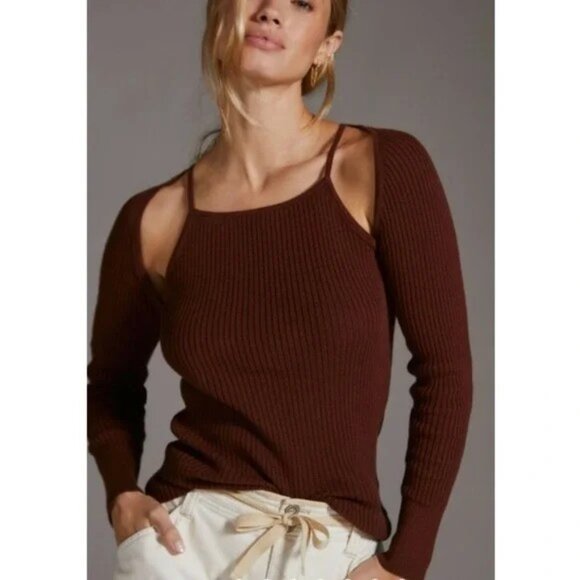 Anthropologie Ribbed Knit Cut Out Sweater Top Fitted Long Sleeve Medium - Picture 1 of 11